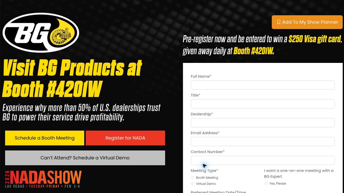 Screenshot of the BG Products NADA Show Campaign landing page