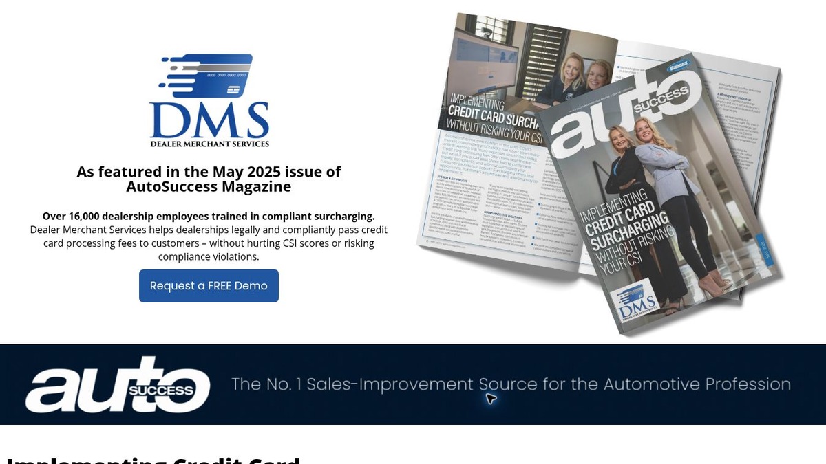 Screenshot of the Dealer Merchant Services AutoSuccess Magazine — May 2025 landing page