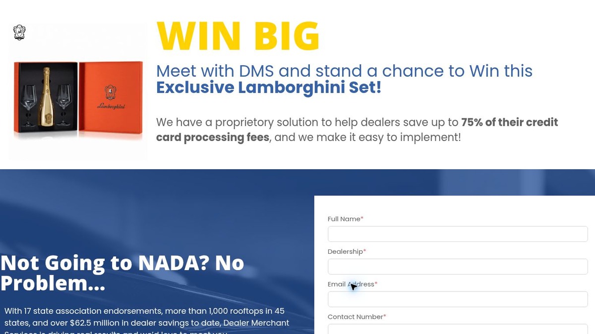 Screenshot of the Dealer Merchant Services Win Wine — 2026 landing page