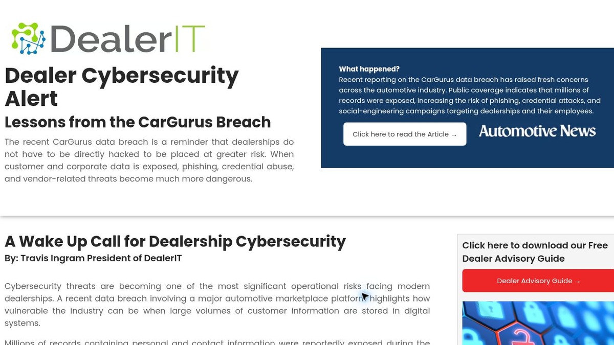 Screenshot of the DealerIT Data Breach Awareness landing page