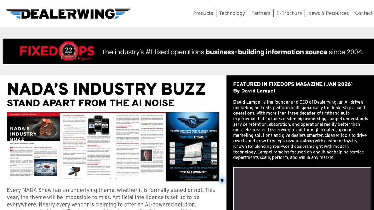 Screenshot of the Dealerwing FixedOPS Magazine Feature landing page