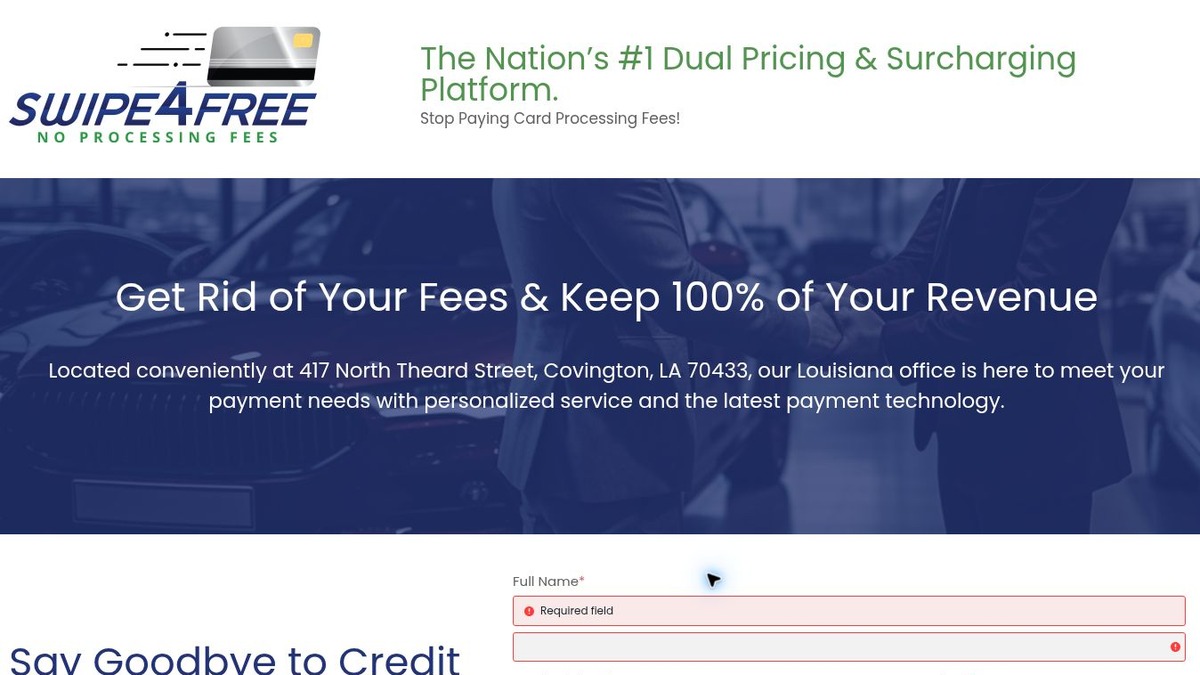 Screenshot of the Swipe4Free Payment Processing Campaign landing page